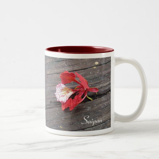 Lonely Flame Tree Blossom On A Boardwalk Two-Tone Coffee Mug (Right)