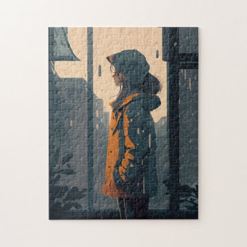 Lonely girl stay in rain next with window cartoon jigsaw puzzle