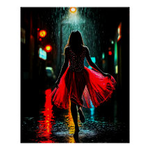 Lonely grace in red - woman in rain