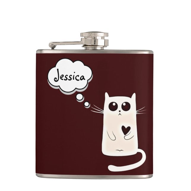 Lonely Hearts Cat Personalised Burgundy Flask (Front)