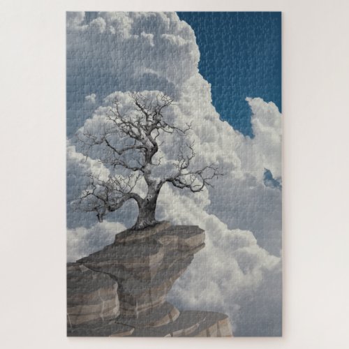 Lonely leafless tree standing guard on mountaintop jigsaw puzzle