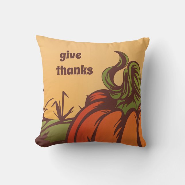 Lonely pumpkin one the field. Autumn leaves fall. Throw Pillow (Front)