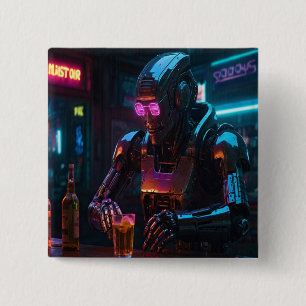 Lonely Robot at Neon Bar – Cyberpunk Emotional Sce Button