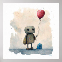 "Lonely Robot with Balloon" - Watercolor Painting