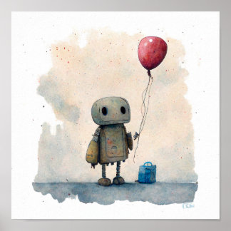 "Lonely Robot with Balloon" - Watercolor Painting Poster