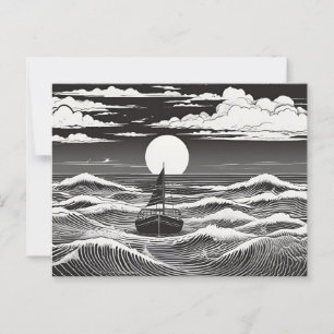 Lonely Sailboat in Moonlit Waves Postcard