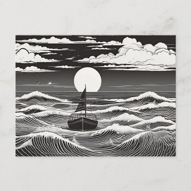 Lonely Sailboat in Moonlit Waves Postcard (Front)