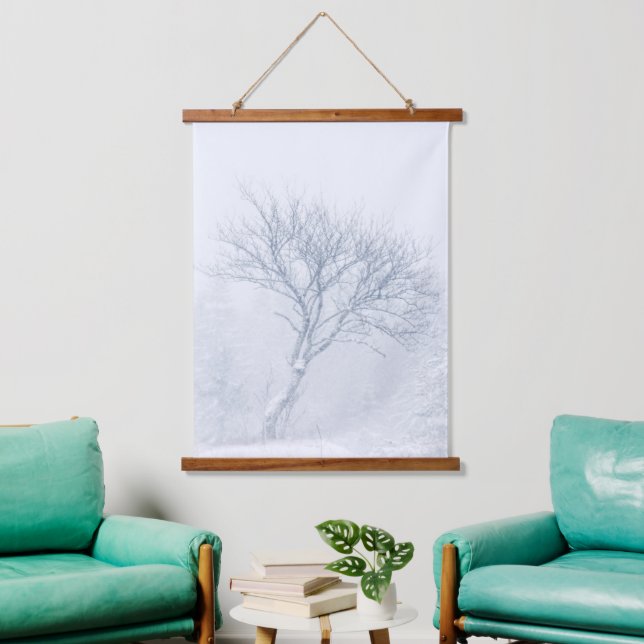 Lonely tree during snow storm in winter hanging tapestry (Living Room)