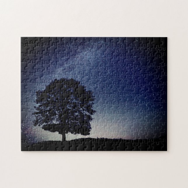 Lonely Tree on Hill Starry Night Sky Scene Jigsaw Puzzle (Horizontal)