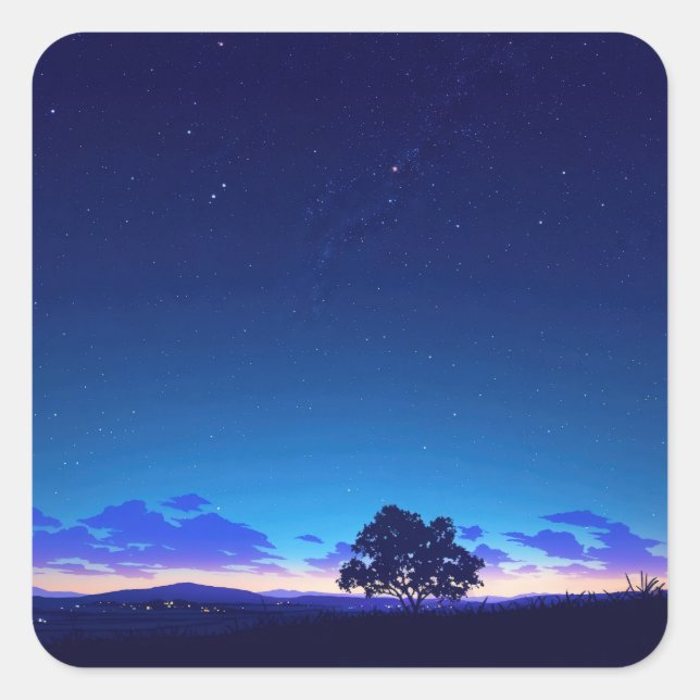 Lonely Tree Silhouette Under Starry Night Sky Square Sticker (Front)