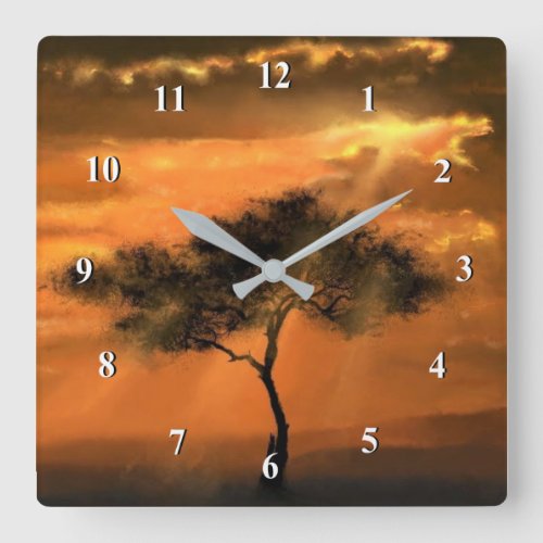 Lonely Tree Sunbeams _ Drawing Art Collection Square Wall Clock
