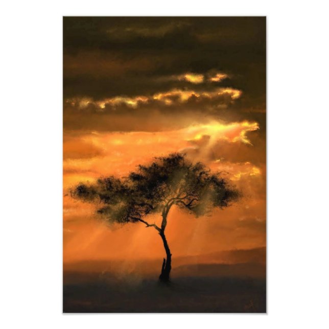 Lonely Tree Sunbeams Sunset Photo Print (Front)