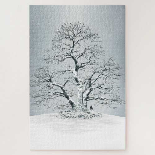 Lonely winter tree landscape snowfall black wolf jigsaw puzzle