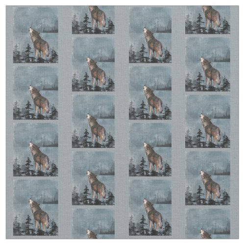 Lonely Wolf Howling across lake Watercolor animal Fabric