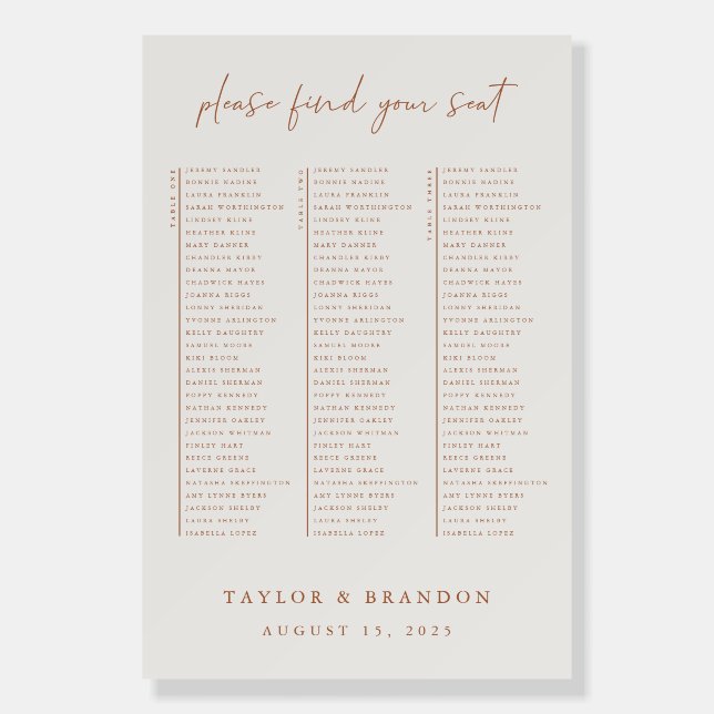 Long 3 Table Seating Chart Minimal Wedding Sign (Front)