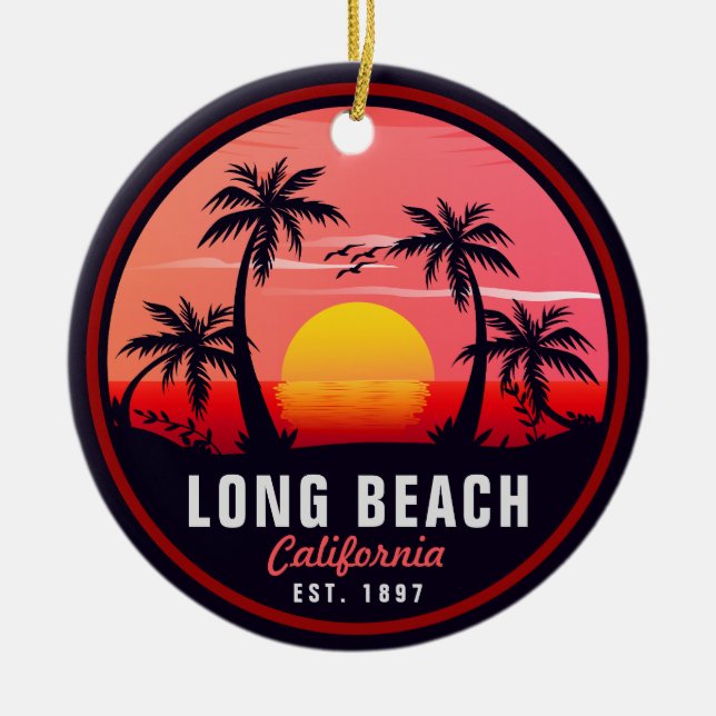 Long Beach California Retro Sunset Souvenirs 80s Ceramic Ornament (Front)