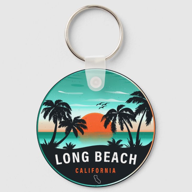Long Beach California Retro Sunset Souvenirs 80s Keychain (Front)