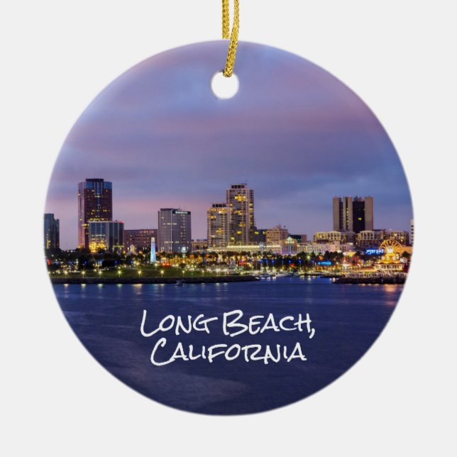 Long beach California, Skyline at Dusk, Ceramic Ornament (Front)
