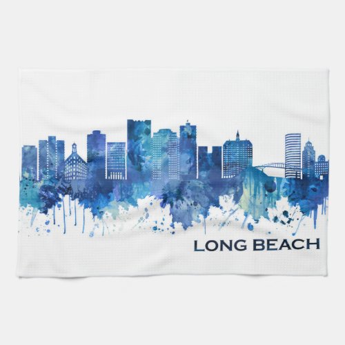 Long Beach California Skyline Blue Kitchen Towel