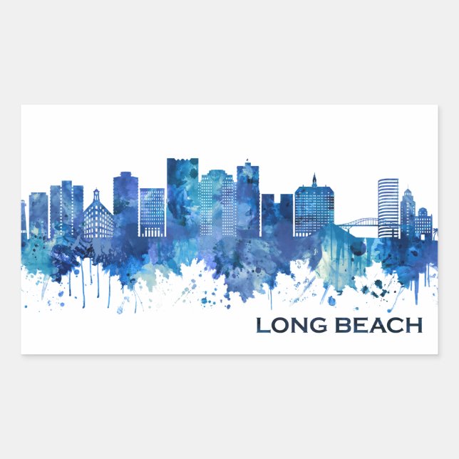 Long Beach California Skyline Blue Rectangular Sticker (Front)
