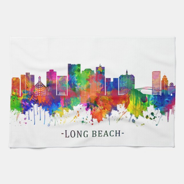 Long Beach California Skyline Kitchen Towel (Horizontal)