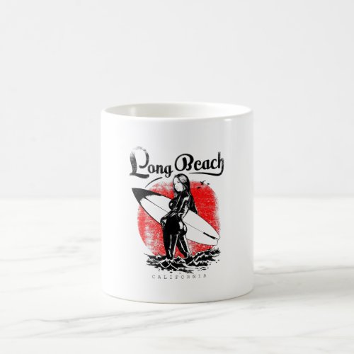 Long Beach California Surfer Girl Artwork Black Coffee Mug