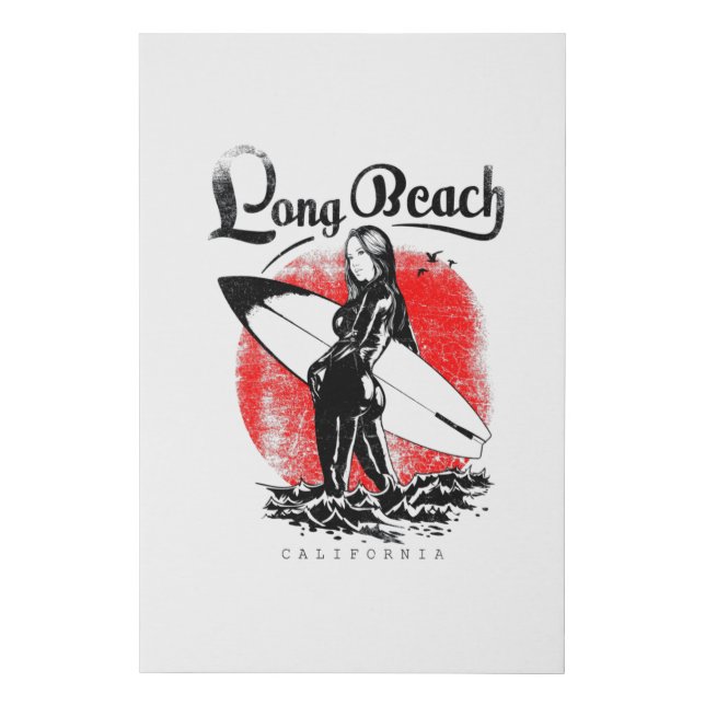 Long Beach California Surfer Girl Artwork Black Faux Canvas Print (Front)