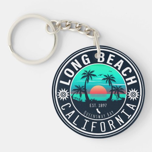 Long Beach California Tropical Sunset Souvenir 70s Keychain