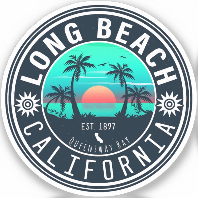 Long Beach California Tropical Sunset Souvenir 70s Sticker (Front)