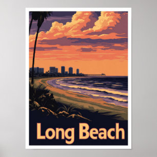 Long Beach California Vintage Travel Illustration Poster