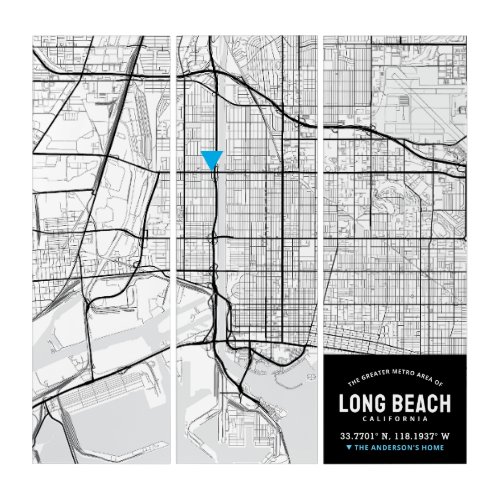 Long Beach City Map  Home Location Marker Triptych