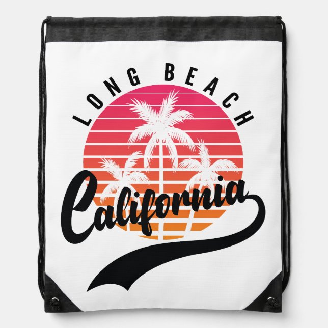 Long Beach Retro Sunset Drawstring Bag (Front)