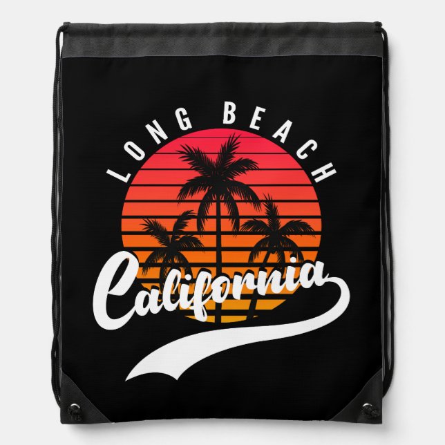 Long Beach Retro Sunset Drawstring Bag (Front)