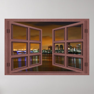 Long Beach Skyline At Night Open Window Poster