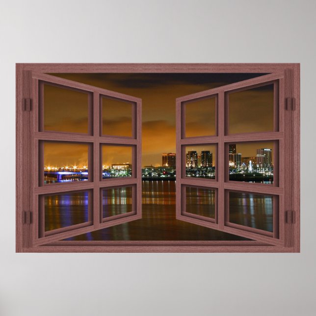 Long Beach Skyline At Night Open Window Poster (Front)