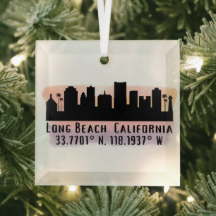 Long Beach Skyline Latitude and Longitude Glass Ornament