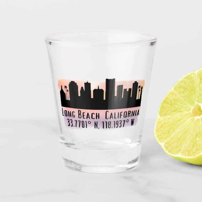 Long Beach Skyline Latitude and Longitude  Shot Glass (Front)