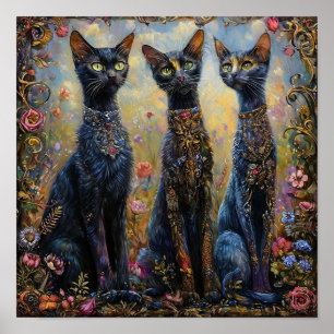 🐈⬛ Long Black Cats Among Flowers Aesthetic Poster