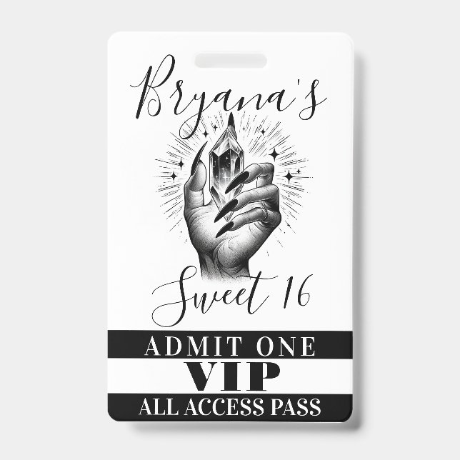 Long Black Nails Crystal Birthday VIP Access Pass Badge (Front)