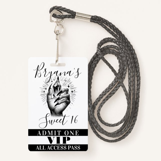 Long Black Nails Crystal Birthday VIP Access Pass Badge (Front with Lanyard)
