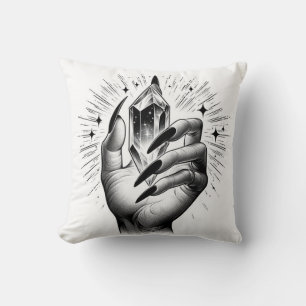 Long Black Nails & Crystal Energy Magic Vintage Throw Pillow