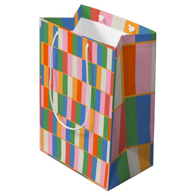 Long Blocks Colorful Checked Pop Pattern Medium Gift Bag (Back Angled)
