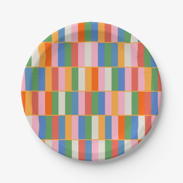 Long Blocks Colorful Checked Pop Pattern Paper Plates (Front)