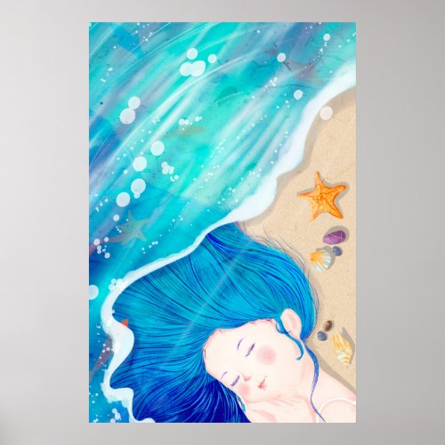 Long Blue_haired Angel Sleeping On The Beach Poster