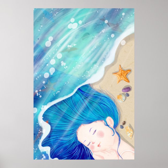 Long Blue-haired Angel Sleeping On The Beach Poster (Front)