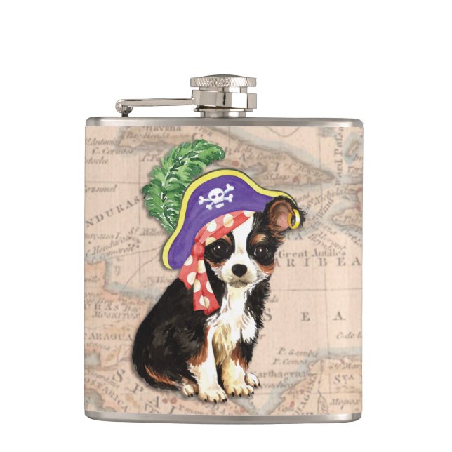 Long Coat Chihuahua Pirate Hip Flask (Front)