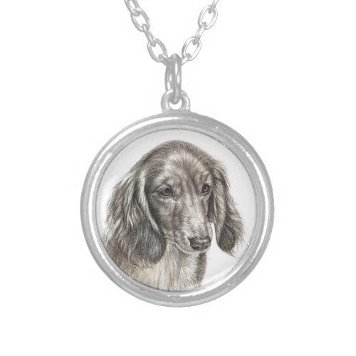 Long Coat Dachshund Fine Art  Silver Plated Necklace