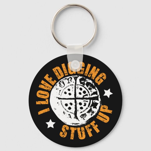 Long cross hammered coin, metal detecting gift keychain (Front)