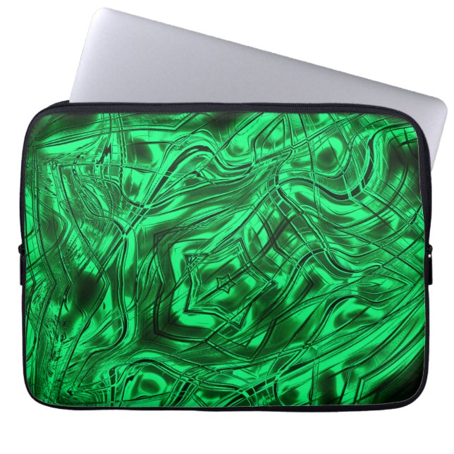 Long curved strokes forming star on green metallic laptop sleeve (Front)