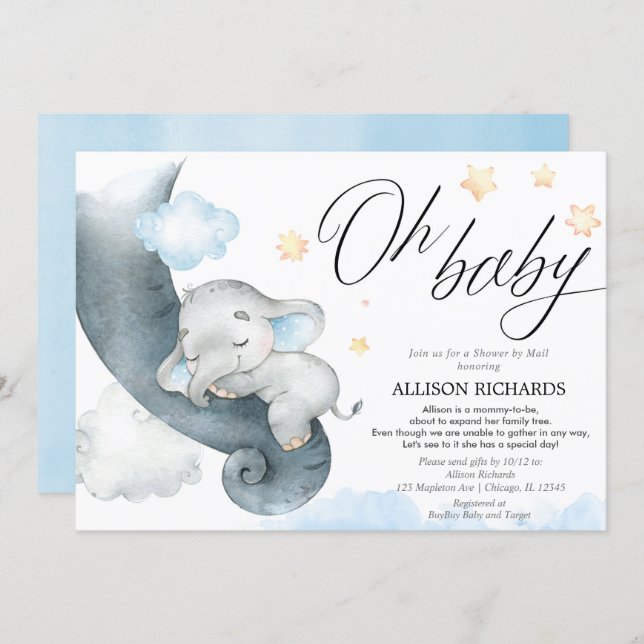 Long distance baby shower by mail elephant shower invitation (Front/Back)